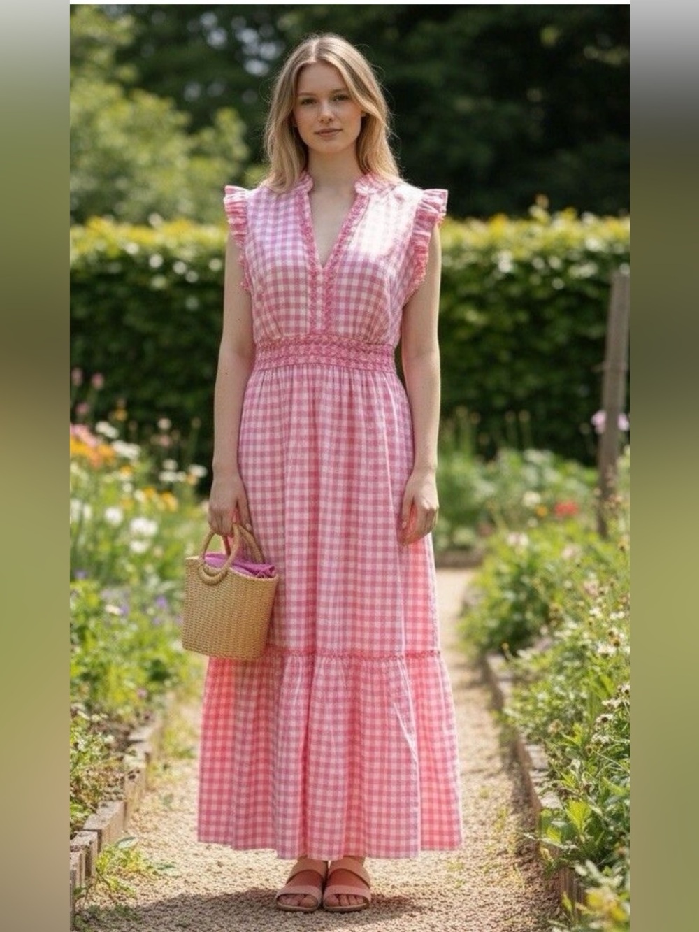 NWT Boden Wren Tiered Midi Dress Pink Gingham Ruffle Cotton Sz 10
